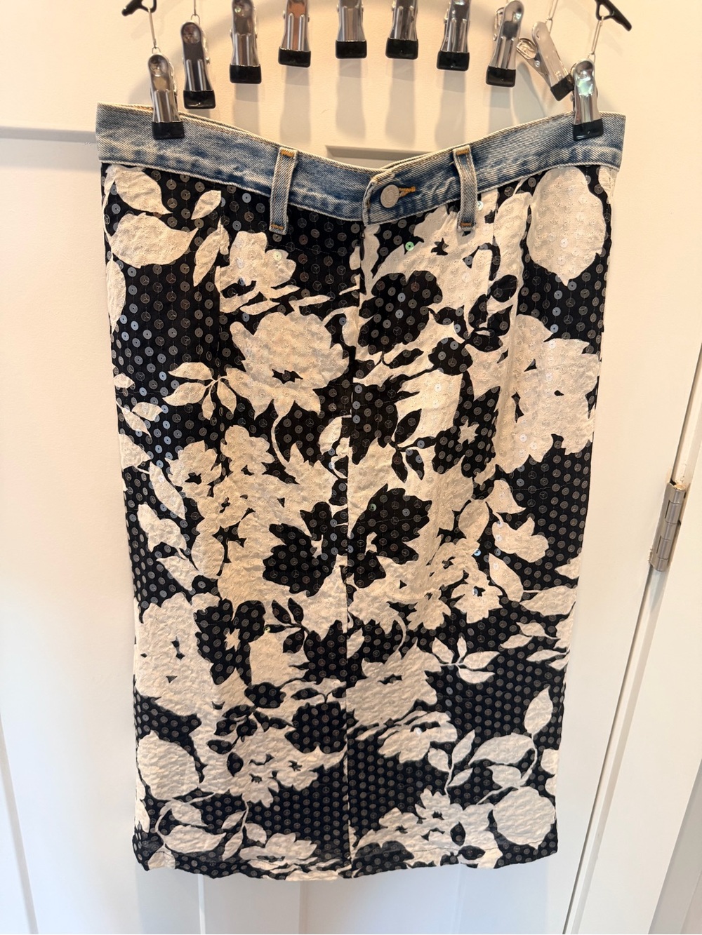 Ruth Denim Waist Black Cream Floral Sequin Midi Pencil Skirt Women's Large Lined